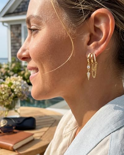Gold Earrings for Women Trendy 14K Gold Plated Dangle Earrings Small Hoop Huggie Drop Stud Earrings Cubic Zirconia Simple Minimalist Dainty Chain Tassel Hypoallergenic Earrings - color: Chain & Gold