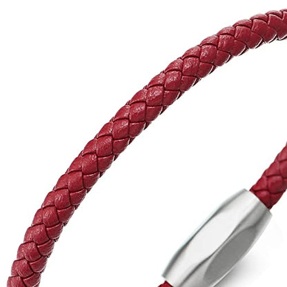 COOLSTEELANDBEYOND Minimalist Mens Women Leather Bracelet, Thin Braided Leather Bangle, Steel Oval Magnetic Clasp - color: A-Color: Red