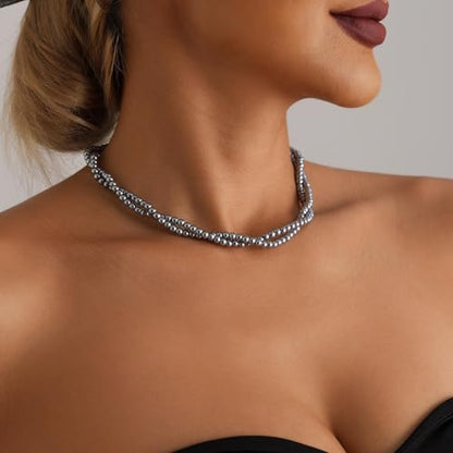 Layered Beaded Choker Necklace Handmade Glass Seed Beads Necklace Layering Twisted Bead Chain Clavicle Necklace Double Layers Round Beads Strand Necklace Jewelry for Women - style: 2 rows