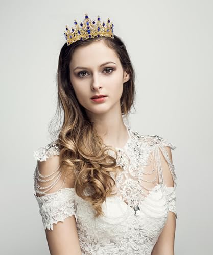 COCIDE Blue Crowns fpr Women Blue Tiaras for Women Royal Crown Hair Accessories Princess Halloween Cosplay Birthday Pageant Bride Headpieces Wedding Bridal - color: V3,Blue&Gold