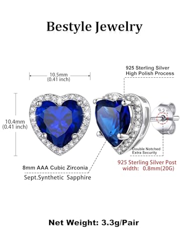 Bestyle Authentic 925 Sterling Silver 2 Carat Birthstone Earrings for Women, More Sparkle Heart/Round Solitaire Diamond Studs Earrings, Great Birthday/Christmas/Anniversary Jewelry for Wife Mother - color: 09. Sept. Sapphire-Heart
