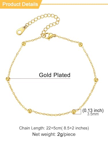 U7 Ankle Bracelets for Women Stainless Steel Waterproof Tarnish Resistant | 18K Gold Plated/Silver/Rose Gold Anklets, Cuban Chain Anklet Bracelets, Perfect for Summer Beach and Vacation Outfits - color: Gold Plated-Bead Chain