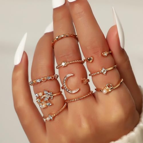 Gold Stackable Ring Set for Women, Dainty Fashion Rings Set with Pearl, Crystal, Heart, Bow and Wave Design, Trendy Midi Finger Rings Jewelry Gift - color: A3
