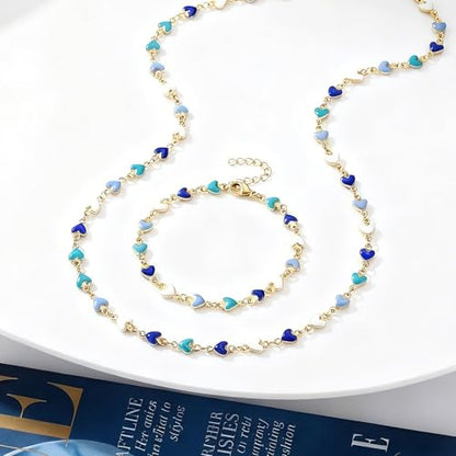 Gold Jewelry Set for Women, Dainty 18K Gold Plated Heart Necklaces Bracelets Set, Elegant Choker Necklaces Bracelets Trendy Valentine Anniversary Birthday Jewelry Gift - color: Blue