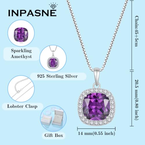 Birthstone Necklace for Women 925 Sterling Silver Princess Cut Halo Necklace Pendant Jewelry for Mom Wife - color: Purple