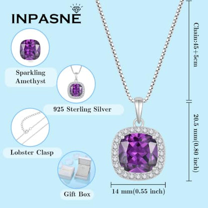 Birthstone Necklace for Women 925 Sterling Silver Princess Cut Halo Necklace Pendant Jewelry for Mom Wife - color: Purple