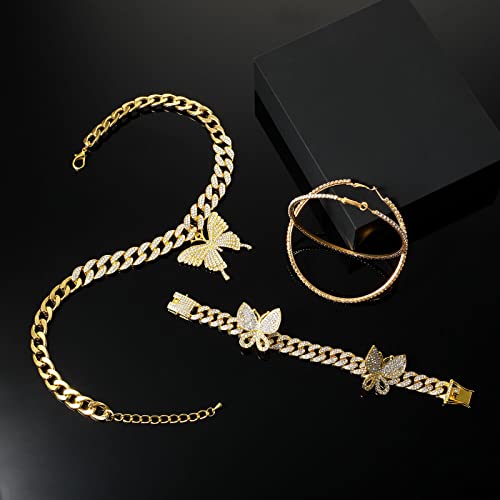 3 Pcs Butterfly Cuban Jewelry Set Cuban Link Chain Necklace for Women Rhinestone Pendant Necklace Bracelet Large Hoop - color: Gold, style: Classic