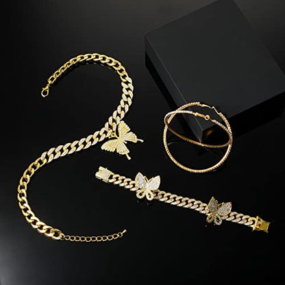3 Pcs Butterfly Cuban Jewelry Set Cuban Link Chain Necklace for Women Rhinestone Pendant Necklace Bracelet Large Hoop - color: Gold, style: Classic