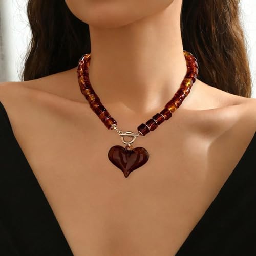 Chunky Heart Necklaces for Women Colorful Resin Beaded Necklaces for Women Gold Puffy Heart Statement Necklace Trendy Acrylic Choker Jewelry Gift - color: Amber