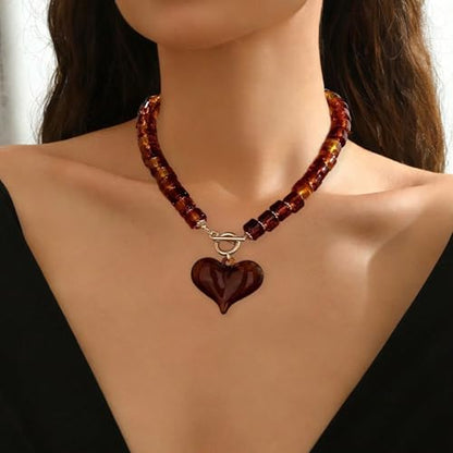 Chunky Heart Necklaces for Women Colorful Resin Beaded Necklaces for Women Gold Puffy Heart Statement Necklace Trendy Acrylic Choker Jewelry Gift - color: Amber