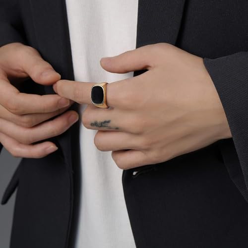 VQYSKO 14K Gold Plated Square Signet Ring | Stainless Steel Band for Men | Two-tone gold black signet ring fits index, middle &right ring fingers for daily jewelry matching