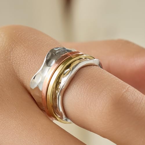 ENERGY STONE 925 Sterling Silver Fidget Ring | Women Spinner Ring | Breeze | Clean Simple Silver Ring | Fidget Anxiety Comfort Meditation Ring | Brass & Copper Spinners on Hammered Base | Size 5-12