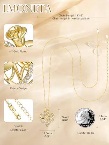14k Gold Heart Initial Necklaces for Women, Dainty Letter Pendant Chain Necklace, Letter A to Z Initial Jewelry, Anniversary Birthday Gifts for Her Wife Mom Daughter - style: Letter N