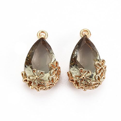 FASHEWELRY 50Pcs Faceted Teardrop Glass Charms Transparent Crystal Drop Pendants with Light Gold Brass Flower Setting for DIY Bracelet Necklace Earring Jewelry Craft Making - color: Dark Khaki