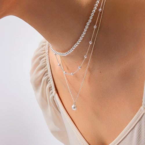 Zeffy Gold Pearl Necklace for Women, Dainty 14K Gold/Silve Plated Layered Pearl Choker Pearl Earrings Pearl Bracelets Wedding Trendy Gold Jewelry Set for Women Gifts - style: Silver Pearl Necklace-3PCS