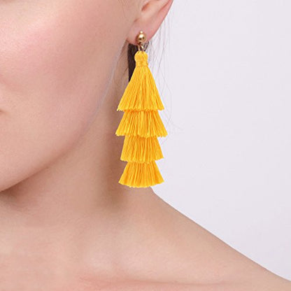 BaubleStar Bohemian Layered Tassel Drop Earrings for Women | Lightweight Statement Party Festival Jewelry - color: Yellow