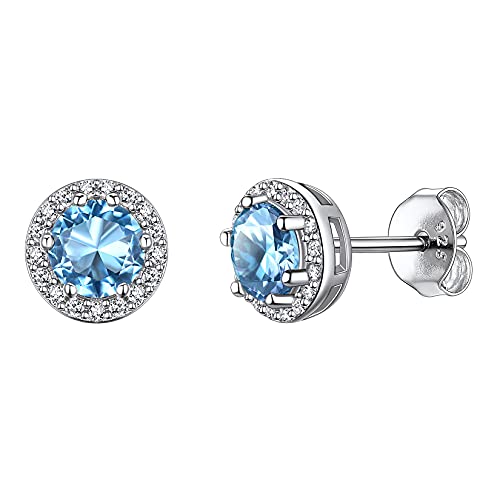 Suplight 925 Sterling Silver Birthstone Stud Earrings for Women, Round/Heart/Teardrop/Square Crystal Diamond Earrings for Women, Dainty Birthday Gifts Jewelry - color: style a-03. round-March(Created Aquamarine)