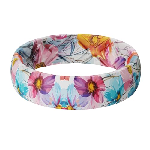Egnaro Silicone Statement Ring Women, Floral Patterned Rubber Wedding Band | 5.2mm Wide 2mm Thick Printed Style, Inner Arch and Breathable X Grooves for Gym Workout Travel Work Pregnancy Daily Wear - color: SETD-Pastel Cosmos
