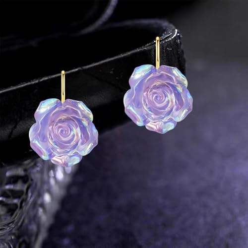 Handmade Bohemian Aesthetic Dainty Acrylic Flower Petal Leverback Earrings Sparkly 14K Gold Floral Dangle Drop Earrings for Women - color: Purple