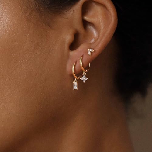 Sterling Silver Earrings Stacks for Women, Hypoallergenic Cartilage Earring | Dainty Stud Huggie Hoop Dangle Chain Earrings, 14K Gold/White Gold Plated - color: 3Pairs-Square CZ Set-Gold