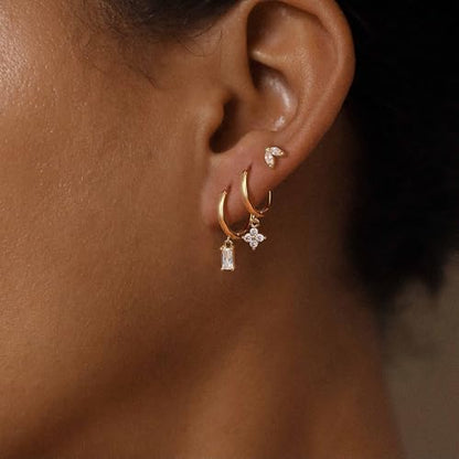 Sterling Silver Earrings Stacks for Women, Hypoallergenic Cartilage Earring | Dainty Stud Huggie Hoop Dangle Chain Earrings, 14K Gold/White Gold Plated - color: 3Pairs-Square CZ Set-Gold