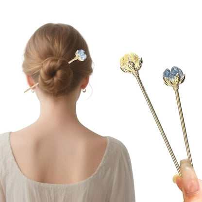 2 Pcs Lotus Hair sticks for buns,Hair pins for women,Buns and Updos with No Hair Damage,Metal French Pin Great Hold,Suitable for fine & thick hairUS374 (Yellow + Blue) - color: Yellow + Blue