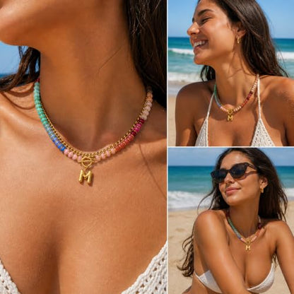 Colorful Beaded Bubble Letter Necklace For Women, Boho Double Layer Dopamine Rainbow Resin Beads Thick Cuban Chain Chunky With Initials Pendant Necklaces Summer Beach Jewelry Gift ﻿ - color: Dop D