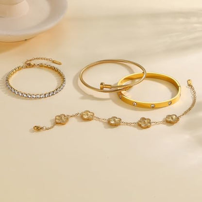 18K Gold Plated Stackable Love Bangle Bracelet Set for Women - 3 Pcs Stainless Steel Chain Bracelet Cubic Zirconia Tennis Bracelet Gold Bangle Set Gift for Wife - color: Gold Floral Bracelet Set