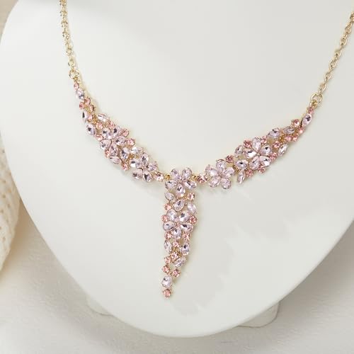 EleQueen Statement Sparkle Crystal Necklace Bracelet Dangle Earrings Set for Women, Art Deco Prom Chandelier Jewelry for Wedding Bridal - color: Pink-Gold-Plated-Base
