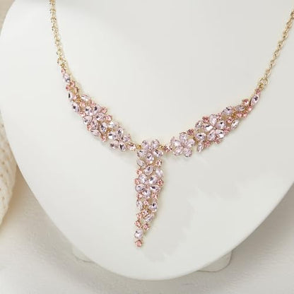 EleQueen Statement Sparkle Crystal Necklace Bracelet Dangle Earrings Set for Women, Art Deco Prom Chandelier Jewelry for Wedding Bridal - color: Pink-Gold-Plated-Base