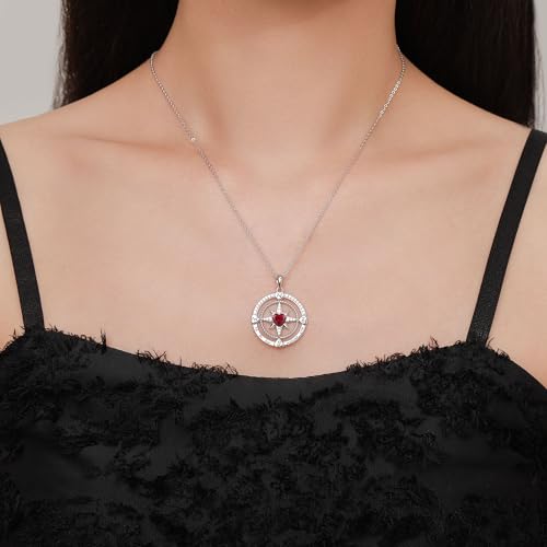 Compass Birthstone Necklace for Women S925 Sterling Silver with Cubic Zirconia - Birthday Jewelry gift for her, Girlfriend, Wife, Mom on Birthday, Anniversary - color: 07 - Ruby