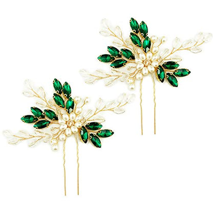 Bridal Emerald Green Crystal Gold Hair Pins Accessories for Prom, Pack of 2 | Fancy Wedding Pearl Green Rhinestone Flower Hair Pieces for Women and Girls