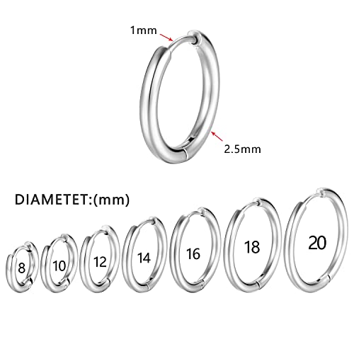 Silver Gold Hoop Earrings for Women Men, 316L Surgical Stainless Steel Huggie Hoop Earrings Set Hypoallergenic Small Cartilage Earrings Lightweight Hoop Earrings Huggie Set - color: Silver--12/14/16/18/20mm