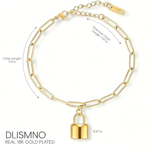 18K Gold Plated Paperclip Link Chain Bracelet with Charms, Gift with a Box - color: Lock