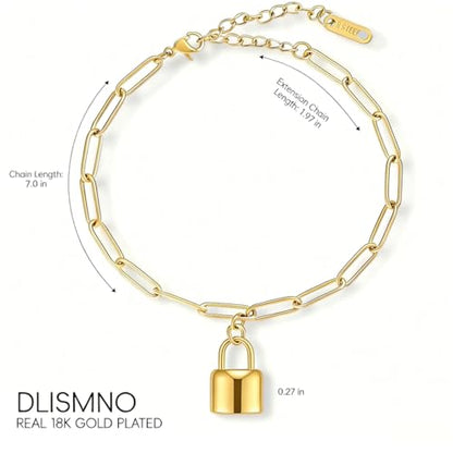 18K Gold Plated Paperclip Link Chain Bracelet with Charms, Gift with a Box - color: Lock