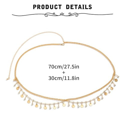 Gold Chain Belt - Fashion Waist Chain Belt with Moon, Butterfly Rhinestone & Layered Design - color: E1-Layered rhinestone disc-gold