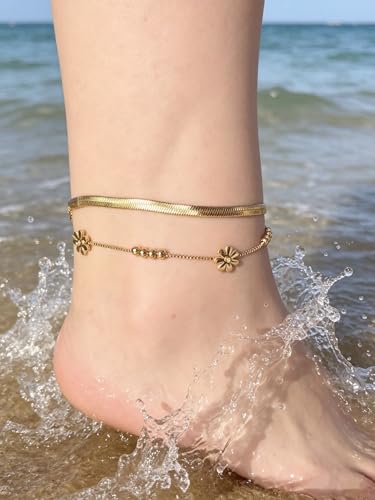 Waterproof Gold Plated Layered Anklets for Women Daisy/Herringbone/Heart Charm/Bead Chain Non Tarnish Stainless Steel Summer Foot Jewelry Gift for Her, with Gift Box - color: 1. herringbone+ daisy