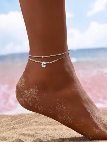 Richsteel Initial Ankle Bracelets for Women Waterproof, 14K Gold Plated/Silver Stainless Steel Anklets, Dainty Adjustable Layered Anklets with Bubble Letter, Non Tarnish Summer Beach Jewelry with Gift Box - color: C-Silver