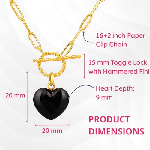 Gempires Gemstone Heart Pendant Necklace for Women, Gold Toggle Birthstone | Handmade gemstone heart pendant necklace — choose from 11 stones and birthstones, gold toggle paperclip chain. - color: Black Obsidian