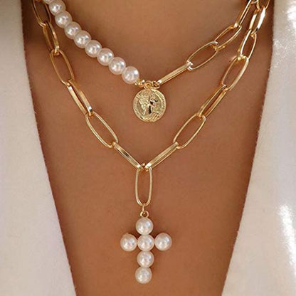 CSIYANJRY99 Layered Gold Necklaces for Women Chunky Gold Necklace Stack Layered Cuban Paperclip Snake Chain Necklace Retro Coin Dainty Pendant Toggle Clasp Necklace - style: Pearl Cross