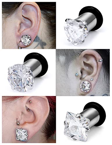 8G 6G 4G 2G 0G 1/2 inch Stainless Steel Ear Gauges - Round, Square, Heart, Cubic Zirconia - 3mm to 12mm - Silver, 3 Pairs - color: Gauge=4g=5mm