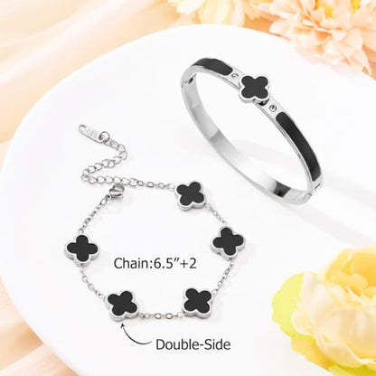 Gold Clover Bangle Bracelets for Women Men 2pcs Bracelet Stack | 18K Gold Plated Stainless Steel Non Tarnish,Chunky Black and White Jewelry,Four Leaf Clover Bracelet Bangles gifts for women - color: Silver-Black Set