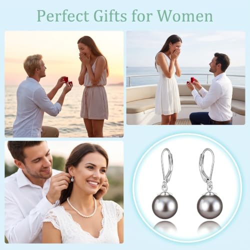 Pearl Leverback Earrings for Women Dangle Round Gemstone Earrings Birthstone Jewelry Gift Anniversary for Her - color: 15 Grey Pearl