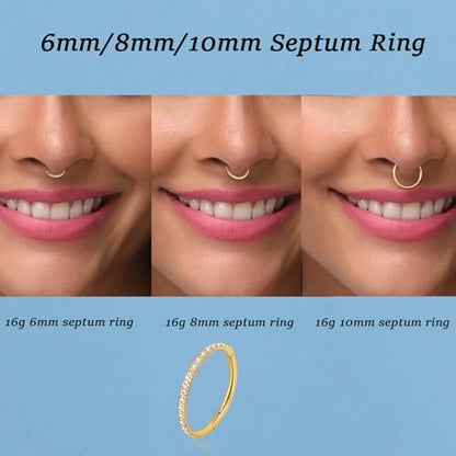 Lantine G23 Titanium Nose Rings Hoops Seamless Clicker Cz Nose Septum Piercings Rings Cute Diamond Hinged 16g 20g Cartilage Conch Daith Helix Tragus Piercing Jewelry - color: Gold, size: 16g 8mm