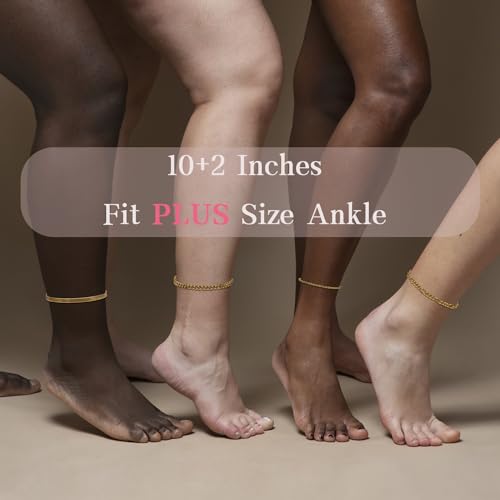 Plus Size Ankle Bracelets for Women - Extra Large 10"+2" Adjustable Anklet 14K Real Gold Plated Anklet Cuban Link, Figaro, Rope, Snake Herringbone - Summer Beach Waterproof Foot Jewelry - color: Curb, Chunky Curb,Snake