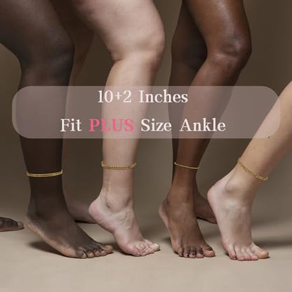Plus Size Ankle Bracelets for Women - Extra Large 10"+2" Adjustable Anklet 14K Real Gold Plated Anklet Cuban Link, Figaro, Rope, Snake Herringbone - Summer Beach Waterproof Foot Jewelry - color: Curb,Figaro,Snake