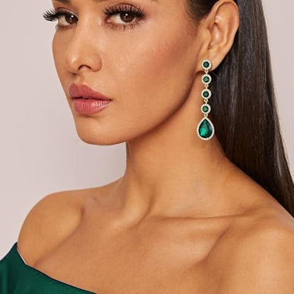 EleQueen Women's Wedding Crystal Teardrop Pear Shape 3 Inch Clip on Long Dangle Earrings for Bride Bridesmaid, Jewelry for Party Prom/Anniversary - color: Green Gold-Tone