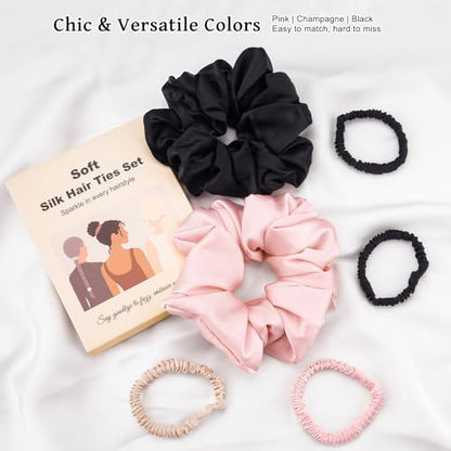 6PCS 100% Mulberry Silk Scrunchies Set, 2 Large and 4 Thin Silk Hair Ties for Women, No Damage Hair Accessories, Black Pink Champagne - color: Color 01