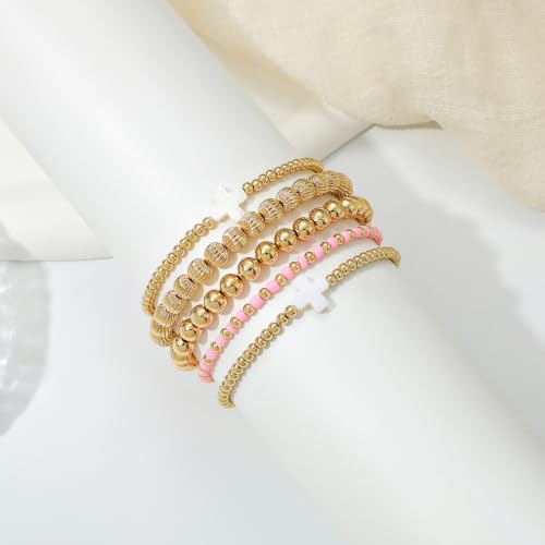 Dainty Gold Plated Pearl Crystal Beaded Bracelets Set for Women 14K Gold Plated Bead Pearl Beads Bracelet Stackable Paperclip Link Chain Bracelets Gold Plated Bracelets for Women Trendy Jewelry - color: Style4-gold bracelets set6