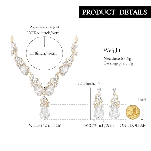 Women's Wedding Bridal Crystal Multi Teardrop Cluster Statement Necklace Dangle Earrings Set - color: Clear Gold-Tone